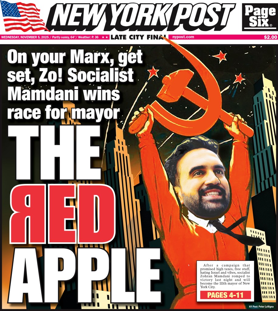 The front page cover of the New York Post is shown on Wednesday, Nov. 5, 2025.